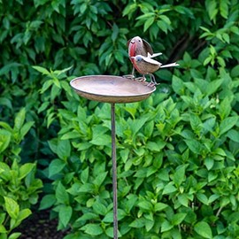 MAISONICA 1.15m Pair Robin Lovers Birdbath Feeding Table - Brown Distressed Garden Stake Holder