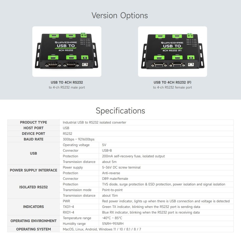 Waveshare Industrial Isolated USB to 4CH RS232 Converter (DB9 Male