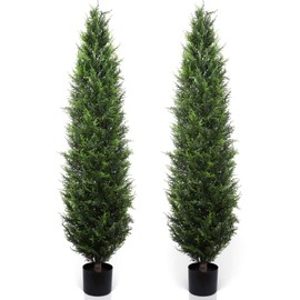 Artificial Cedar Topiary Trees 5ft Fake Cypress Trees Faux Cedar Topiary Evergreen Potted Plants Silk Pine Cypress Tree for Outdoors Front Home Decor 2 Pack