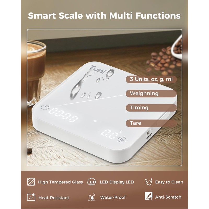 Tuni Rechargeable Mini Coffee Scale with Timer, 2kg/0.1g Accurate Espresso