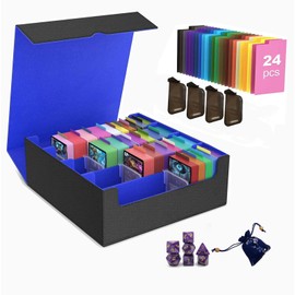 VeiDynoA Trading Card Storage Box 3200+ Capacity 4-Row Commander Deck Box with 24Colorful Dividers & 4 Card Supporters PU Leather Magnetic Closure- for MTG, TCG & Sports Cards，Black& Blue