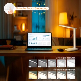 Jumoking Desk Lamp LED Dimmable Eye Protection, Desk Lamp with 5 Colours and 5 Brightness Levels, Table Lamp with USB Charging Port, Touch Control for Children, Bedrooms, Reading, Offices (White Pro)