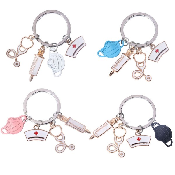4 x Metal Nurse Keyrings, Metal Nurse Keyring, Nurse Cap with Syringe and Stethoscope, Gift for Friend or Doctor Nurse, Multicolored