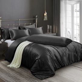 Ersmak 6 Pieces Satin Duvet Cover California King Luxury Silky Bedding Duvet Cover Set with 1 Soft Duvet Cover, 4 King Pillowcases and 1 Body Pillowcase, Black