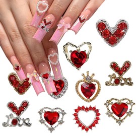 Valentine's Day Nail Charms 3D Heart Nail Art Charms - Glitter Red Love Heart Nail Charms for Acrylic Nails Rhinestones Nail Gems Shiny Alloy Design Heart Nail Accessories Decoration DIY Craft Jewelry