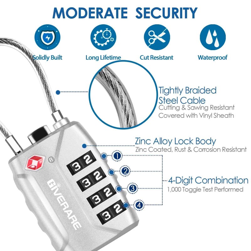 2 Pack TSA Approved Travel Luggage Locks, 4-Digit Metal Cable