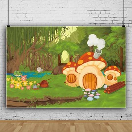 10x8ft Cartoon Forest Backdrop Mushroom House Photography Background Floral Spring Nature Woodland Green Backdrop for Birthday Party Decoration Baby Shower Photo Shoot Background Props