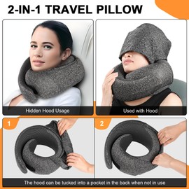 Vzpeun Travel Pillow with Hood for Airplane Long Flights, Memory Foam Neck Pillow for Plane Office Cars Sleeping Road Trip, Portable Plane Accessories (Dark Gray)
