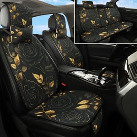Tewujay Car Seat Covers Set, 5 - Seat Full Set with Headrest,Black Gold Flower Honeycomb Knit Fabric, Breathable & All - Season Universal Automotive Seat Protectors