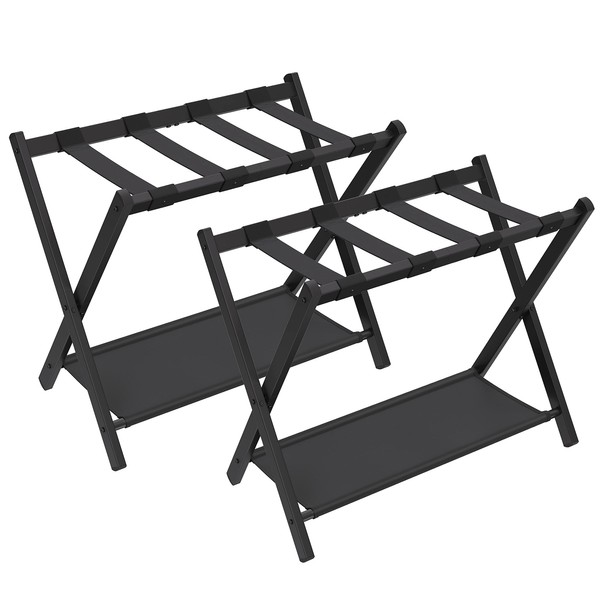 SONGMICS Luggage Racks for Guest Room, Set of 2, Suitcase Stand with Storage Shelf, Steel Frame, Foldable for Easy Storage, Hotel, Bedroom, Black URLR003B02