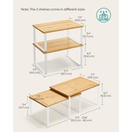 SONGMICS Cabinet Organizer Shelf, Set of 2 Kitchen Counter Shelves, Kitchen Storage, Spice Rack, Stackable, Expandable, Metal and Engineered Wood, Cloud White and Natural Beige UKCS02NW