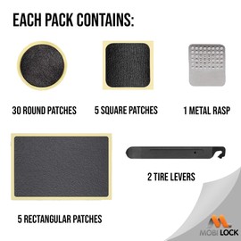 Mobi Lock Self-Adhesive Bicycle Tire Repair Kit (40 Pieces) – Glueless Bike Tube Patches in Round, Square, and Rectangle Shape - Includes 2 Tire Levers, 1 Metal Rasp
