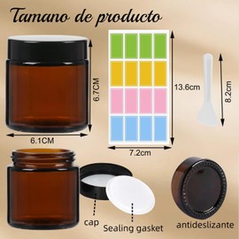 12pz Envases Muestras de Vidrio Ámbar Pomadero Cosmetico Viaje,100g para Maquillaje con Tapa de Rosca,Forro de Polipropileno,Pegatina y Cuchara Pequeña Para Llevar Gel/Pasta/Lociones