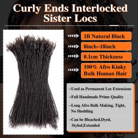 Originea 8-18 Inch Thickness Curly Tips Interlocked sisters Locs 100% Real Human Hair Micro loc Extensions Permanent Dreadlock Extensions Natural Looking Locs (1B# 0.1cm, 10 Inch 120 Strands)