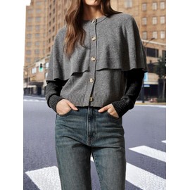 KEOMUD Women's Fall Winter Button Down Knit Cardigan Lightweight Sweater Cape with Wrap Style Grey Large