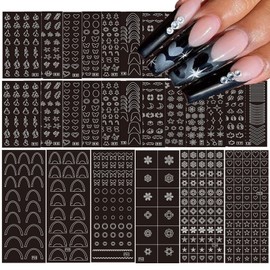 30 Sheets Airbrush Nail Stencils Stickers for Nail Art, 3D Self-Adhesive Butterfly Heart Snowflake French Design Hollow Printing Template Stencil Nail Guide Supplies for DIY Manicure Decoration