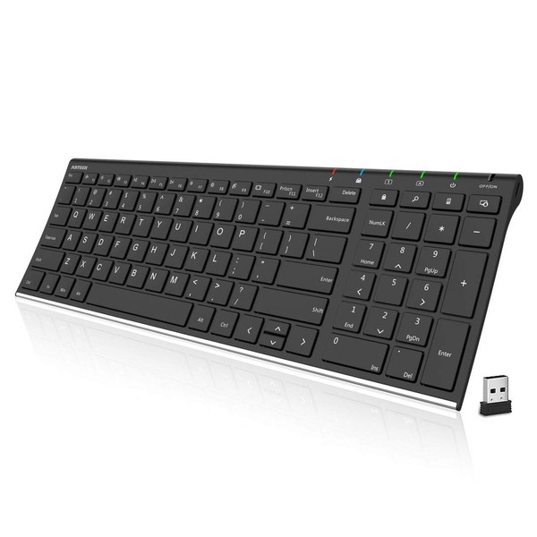 Arteck HW193 USB Wireless Keyboard Stainless Steel Ultra Slim Full Size Keyboard with Numeric Keypad for Computer/Desktop/PC/Laptop/Surface/Smart TV and Windows 11/10/8 Built in Rechargeable Battery
