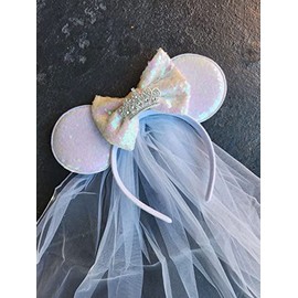 CLGIFT - Diadema con orejas de Minnie con velo, orejas de luna de miel, orejas de boda, tiara de despedida de soltera