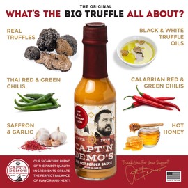 CAPTAIN DEMO's DOUBLE TRUFFLE Red Hot Pepper Sauce - Two Bottle Pack with BONUS Travel Bottle, Gourmet Hot Sauce With Black AND White Truffles, Perfect Level of Garlic-ky, Hot Honey Heat