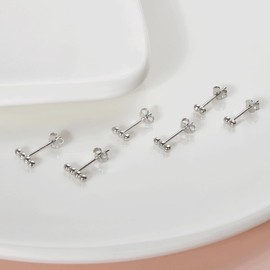 SILBERTALE 925 Sterling Silver Bar Studs Earrings Set 3Pairs 4mm 6mm 8mm Beaded Bar Studs Short to Long Rectangle Line Earrings, No Gemstone