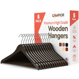Vintage Wooden Hangers 5 Pack – Heavy-Duty with 360° Swivel Hook, Non-Slip, Pants Bar & Shoulder Grooves - Wooden Hangers for Suits, Jackets, Dresses & Camisoles, Space-Saving and Smooth Finish