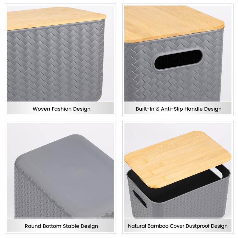 Ohmlove 4 Packs Storage Bins with Bamboo Lids - Plastic