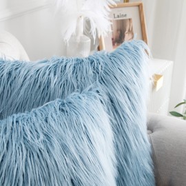 Home Soft Things Mongolian Faux Fur Decorative Pillow Covers Set of 2, 20'' x 20'', Forget Me Not, Shaggy Vintage Accent Pillow Covers for Couch