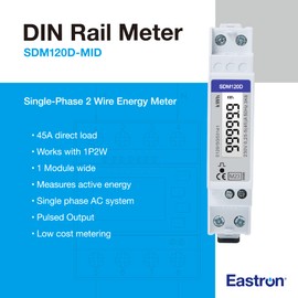 EASTRON SDM120D-MID Electricity Usage Meter - Single Phase - Pulse Output 1000imp - 45A kWh Mains, Low Cost Din Rail with Pulse Meter & LCD Display (Without Backlight) - MID Certified/Calibrated
