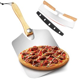 Pizza Peel 12 x 14 Inch, Aluminum Metal Pizza Paddle, Pizza Spatula with Foldable Wooden Handle, Pizza Spatula Paddle, Pizza Oven Accessories, Pizza Cutter Rocker with Wooden Handle Included