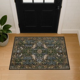 Hazo Haus Washable Dark Vintage Floral Rugs for Entryway - Small 2x3 Washable Rug for Kitchen Bathroom Door Mat Indoor Entrance with Bird & Botanical Pattern, Brown Earthy Tones, Non Slip Low Pile