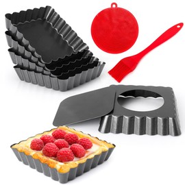 Quyimy Mini Tart Pans Square 4 Inch 6Pcs with Removable Bottom, Nonstick Quiche Pan Mini Pie Pans with Oil Brush&Silicone Scrubber, Tart Pan with Fluted Side, Quiche Bakeware for Oven
