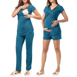 SUNNYBUY Women's Maternity Postpartum Pajamas Set, Breastfeeding Tops，Adjustable Pregnancy Shorts & Pants 3 Piece Nursing PJS, Deep Blue L