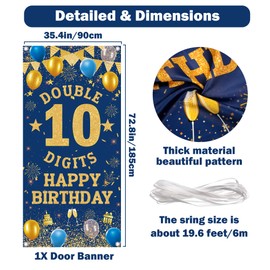 10th Birthday Decorations Door Banners - Blue Gold Double Digits Backdrop Banner, Happy Birthday Large Size Porch Sign Background for Boys 10 Years Old Party Supplies(185x90cm)