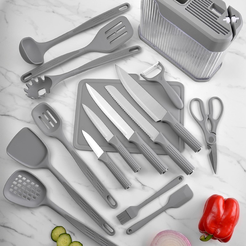 YJHOLE 17pcs Kitchen Utensils Set with Sharp Stainless Steel Knives