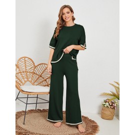 Tanming Sweater Sets Women 2 Piece Lounge Sets Short Sleeve Knit Pullover Tops Wide Leg Pants (ArmyGreen-L)