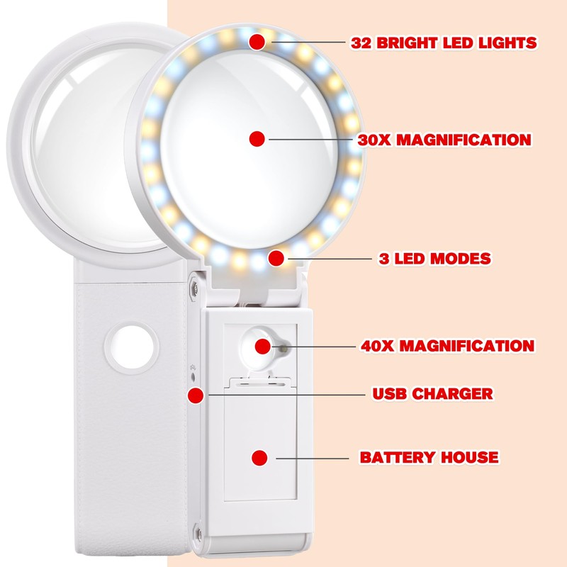 Dicfeos 30X 40X Magnifying Glass with Light and Stand, Folding
