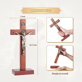 Pietism Crucifix Wall Cross Catholic, 10.7 Inch Wooden Jesus Christ Wall Crucifix with Stand for Home Decor