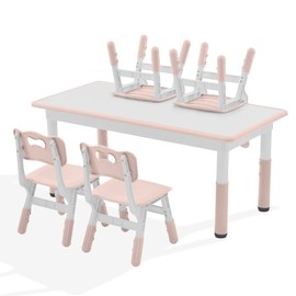 GITAWUSA Kids Study Table and Chairs Set, Height Adjustable Toddler Table and Chair Set for Kids Ages 3-8, Graffiti Desktop Plastic Children Art Table with 4 Seats, Lovely Pink