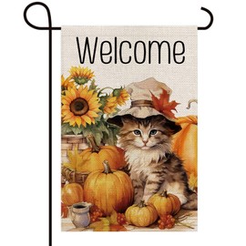 Texupday Welcome Fall Cute Cat Sunflower Pumpkin Harvest Decor Double Sided Vertical Burlap Garden Flag Autumn Thanksgiving Rustic Seasonal Farmhouse Party Outdoor Yard Banner 12" x 18"