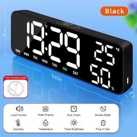 TIMESS desktop digital alarm clock, compact, has 2 high-volume alarms, week display, temp & humidity functions and includes a power cord.Decor Home - Color: BLACK