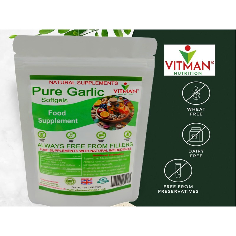 Pure Garlic Softgels, High Strength 1000mg, Odourless, 60 Capsules, Gluten