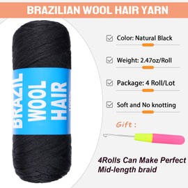 Brazilian Wool Hair 4 Roll 100% Brazilian Wool Hair for African Crochet Hair Braiding Twisting Jumbo Braids/Senegalese Twist/Faux Locs/Wraps with Crochet Hook(4 Roll, Natural Black)