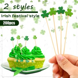 200 Pcs St. Patrick's Day Bamboo Cocktail Picks 5 Inch Shamrock Cocktail Picks Irish Skewers for Appetizers Green Clover Bamboo Toothpicks Cocktail Sticks for St. Patrick's Day Decoration Party Supply