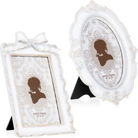 Qunclay 2 Pcs Vintage Photo Frames Antique Baroque Ornate Resin Rectangle Oval Picture Frames with Glass Front Tabletop and Wall Decor for Home Wedding(White,4 x 6 Inches)