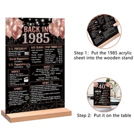 Trgowaul 40th Birthday Anniversary Decorations for Women, Rose Gold Back in 1985 Birthday Poster Acrylic Table Sign with Stand, 1985 40 Birthday Decor Gifts Women Vintage 1985 Party Supplies for her