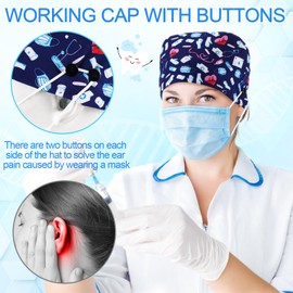 Maiteenly 6 Pcs Satin Lined Scrub Caps Women Dental Nursing Hats Working Cap with Button and Sweatband Tie Back Hats (Fresh Style)