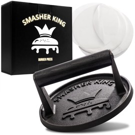 SMASHER KING - Premium Cast Iron Smash Burger Press incl. 25 pcs of Patty Paper, Burger Smasher for Griddle with Black Wood Handle, Perfect Hamburger Press, Meat Press, Bacon Press, Sandwich Press