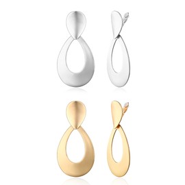 BriLove Matte Gold Silver 2 Pairs Clip-on Earrings Set Fashion Geometric Teardrop-Shape Statement Retro Drop Clip for Women Jewelry Mom Gift