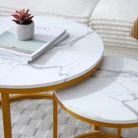 Set 2 Nesting Coffee Table White Gray Top Golden Frame Circular Marble Pattern MDF Eco-Friendly Living Room Bedroom Apartmentsize: 63*63*70CM