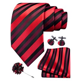 GUSLESON Red Tie for Men Wedding Burgundy Black Striped Necktie Pocket Square Cufflinks and Lapel Pin Brooch Set (6108-07)